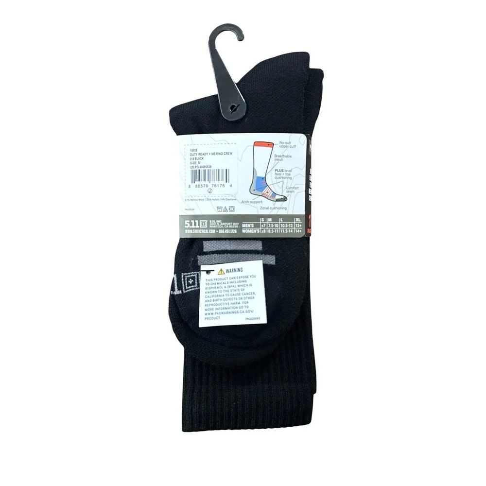 5.11 Tactical Duty Ready Plus Merino Crew Socks 10053 Black 1 Pair Uniform NEW